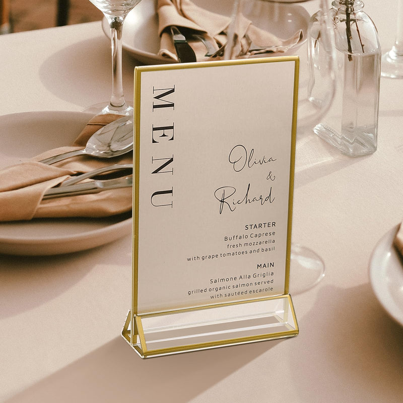 [Australia - AusPower] - UNIQOOO Acrylic Sign Holders with Golden Border, Portrait View, Pack of 6 | 4x6 Inches Double Sided Clear Frame, Perfect for Wedding reception, Centerpiece, Decoration, Party,Anniversary, Event 4x6?6 Pack 