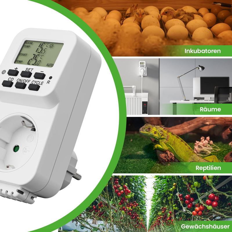 [Australia - AusPower] - conecto Digital Thermostat Socket with Internal Sensor and Time Control for Terrarium, Greenhouse, Smoker, Heating, Temperature Control, Cooling and Frost Monitor, 3600 Watt, White 