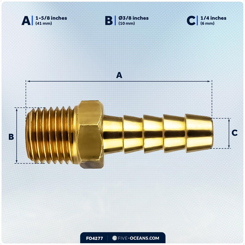 Five Oceans Brass 1/4-Inch NPT Universal Boat Fuel Tank Connector, 3/8-Inch Barb Hose, Fits Most Portable Marine Fuel Tanks - FO4277 1/4 NPT to 3/8 Barb