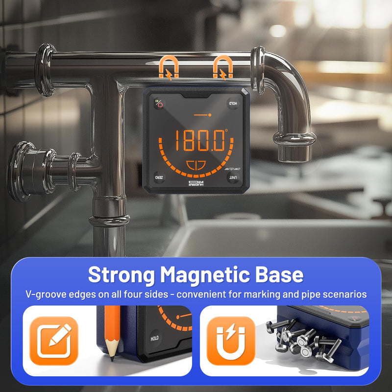 [Australia - AusPower] - Huepar Pro Protractor Digital Inclinometer with V-Groove Magnetic Base and Backlit LCD Electronic Table Saw Try Square for Construction, Woodworking, Engineering 