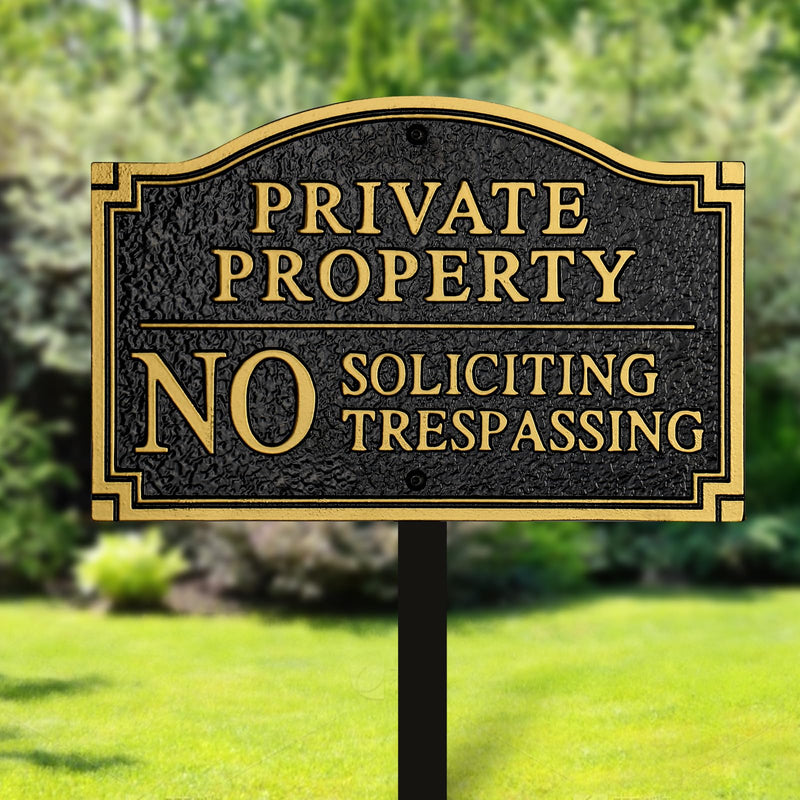 Private Property No Soliciting No Trespassing Statement Plaque,Solid Metal Cast Yard Sign, Heavy Duty Material, Embossed Letters,11.5"×7.5" with 31.5" Stakes and Upgraded Stainless Screws