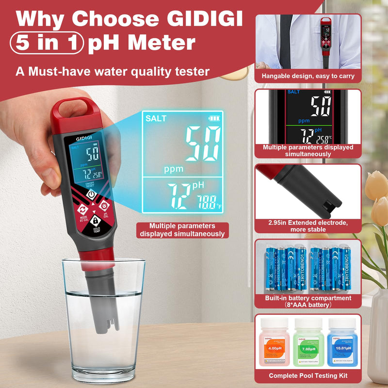 [Australia - AusPower] - pH Meter for Water and Digital Pool Salt Tester,for Hydroponic,TDS Water Tester for Drinking Water,Digital pH Meter with Backlit & ATC for Hydroponic Nutrient,Pool,Aquarium,Tap Water,Home Use 