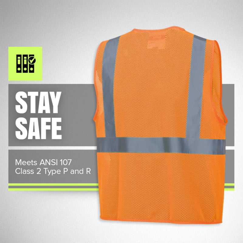 Pioneer Hi Vis Mesh Safety Vest - For Traffic & Public Workers - Cool & Lightweight - Class 2 - Reflective Tape - Orange