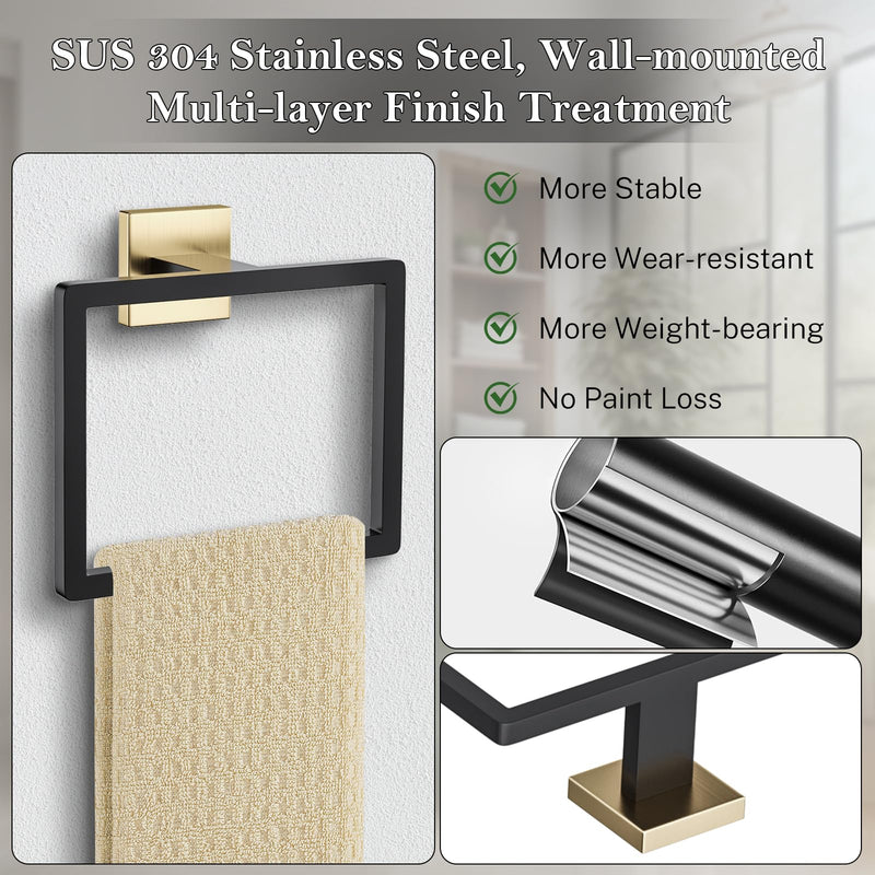 2-Piece Black Gold Towel Ring,Hand Towel Holder,Modern Towel Holder Stainless Steel Towel Rack Wall-Mounted Bathroom Towel Ring Black&gold 2 Pcs