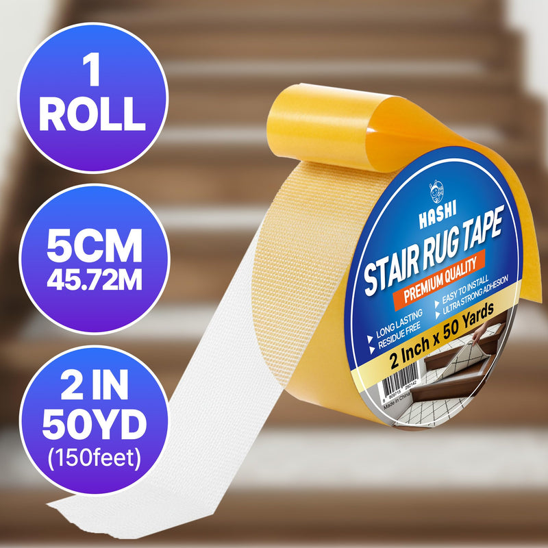 HA SHI Double Sided Stair Tread Tape (2" x 50 Yards), Heavy Duty Non Slip Rug Gripper for Carpet & Runners, Safe for Hardwood Floors 2" x 50 Yards