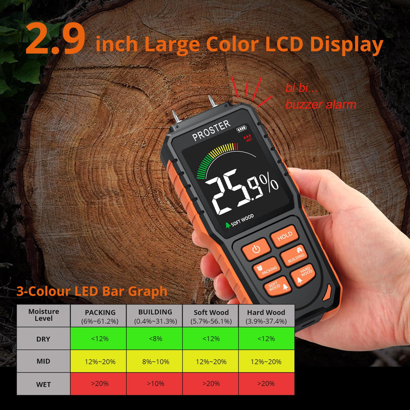 [Australia - AusPower] - Proster Rechargeable Moisture Meter with Tri-Colour Display – Wall Damp Meter with Visual & Sound Alerts, Professional Damp Detector for Timber, Walls, Cement, and Building Materials Rechargeable Pin Moisture Meter 