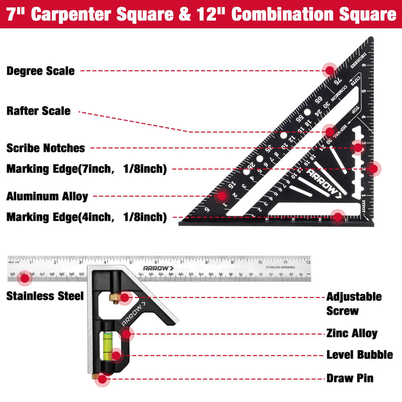 [Australia - AusPower] - DURATECH Magnetic Tape Measure 25FT with Fractions 1/8 and Arrow 7-Inch Aluminum Alloy Carpenter Square and 12-Inch Zinc Alloy Combination Square Set 