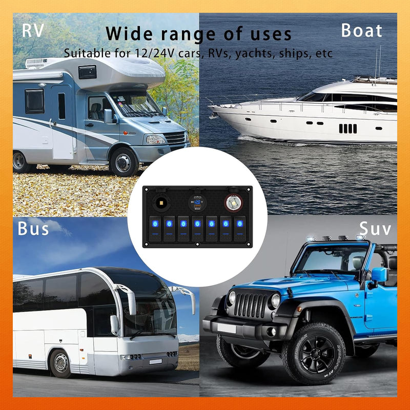7 Gang Boat Switch Panel Waterproof, Marine Rocker Switch Panel 12-24V with Dual USB Charger and Fuse, Suitable for RV UTV Truck(On/Off Blue LED Plastic-LED blue 7 gang
