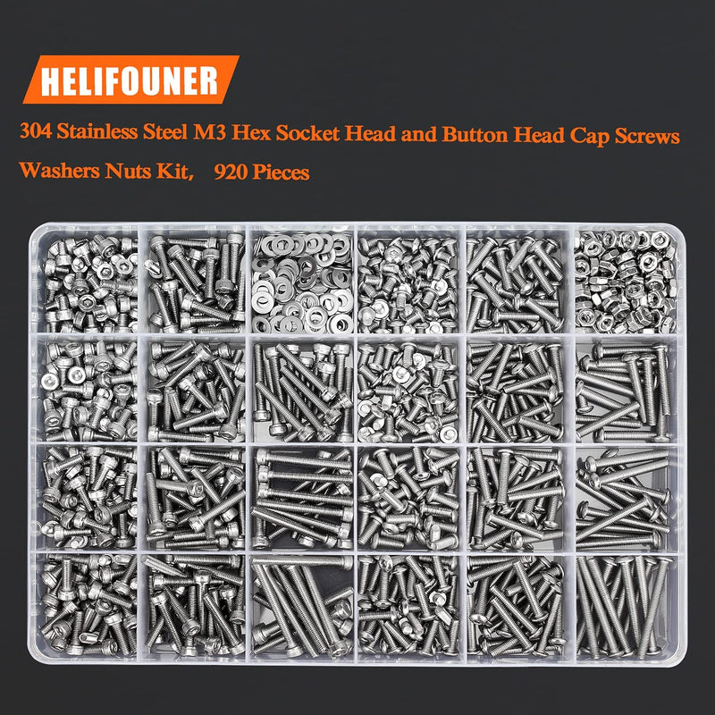 [Australia - AusPower] - 920 Pieces 304 Stainless Steel M3 x 4mm /6mm /8mm /10mm /12mm /14mm /16mm /18mm /20mm /25mm / 30mm, Hex Socket Head and Button Head Metric Screws and Nuts Assortment Kit M3 Screws Set 