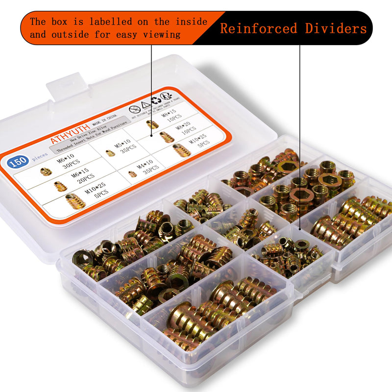 [Australia - AusPower] - Threaded Inserts for Wood, 150 pieces Zinc Alloy Thread Inserts Nuts Assortment kit for Soft Wood, Hex Socket Flanged Threaded Wood Inserts M4 M5 M6 M8 M10 Screw Inserts for Wood Forniture 