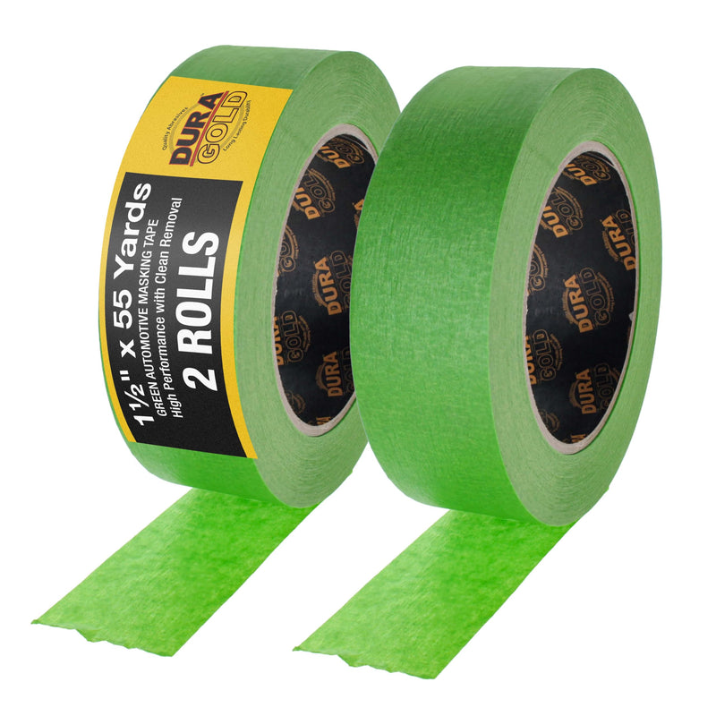 Dura-Gold Green Automotive Masking Tape 1-1/2 Inch (1.41 Inch x 55 Yards), 2 Rolls - Premium High-Performance, Heat Resistant - Auto Refinish Painting, Car Detailing, Autobody Industrial Painters Tape 1-1/2"