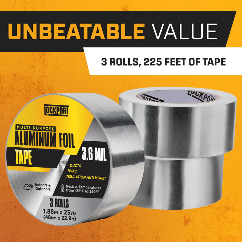 Lockport Aluminum Foil Tape 2" x225 ft - 3 Pack - Aluminum HVAC Tape - HVAC Duct Sealing, Dryer Vent, Heat Insulation & Ductwork Repairs - Heat Resistant, Waterproof, Professional Grade 3-Pack (225 ft)