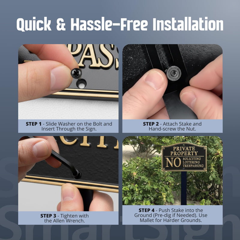 SmartSign Private Property Sign for Yard, No Soliciting Loitering Trespassing Garden Plaque | 5.75" x 9.5" Aluminum Plaque with 18" Black Lawn Stake, Made in USA Private Property - No Soliciting