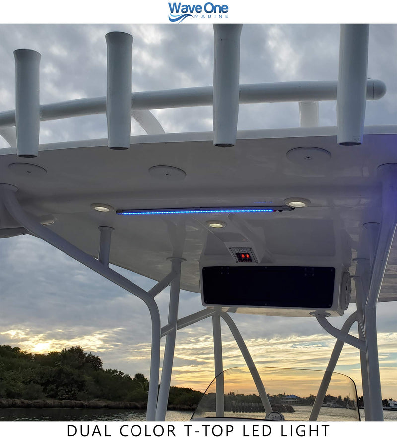 Wave One Marine Dual Color T-Top LED Light With Switch | Boat Courtesy Cockpit Helm Light | Waterproof Bar Housing | Stainless Hardware | IP68 (15.5" White & Blue) 15.5" White & Blue