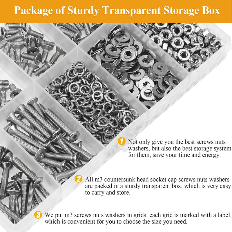 [Australia - AusPower] - 565 Pieces M3 Screws Nuts Washers Set, Sutemribor M3 x 4/6/8/10/12/16/20mm Countersunk Head Socket Cap Screws Nuts Washers Assortment Kit, 304 Stainless Steel, Fully Threaded 