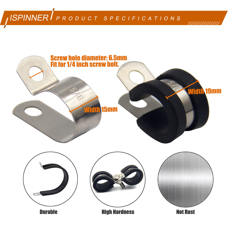 [Australia - AusPower] - ISPINNER 52pcs Cable Clamps Assortment Kit, 304 Stainless Steel Rubber Cushion Pipe Clamps in 6 Sizes 1/4" 5/16" 3/8" 1/2" 5/8" 3/4" Black 