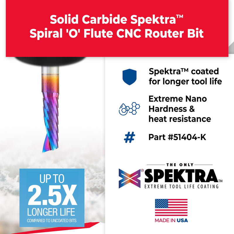 Amana Tool Spektra Coated Solid Carbide CNC Spiral Single O-Flute Router Bit for Plastic Cutting, 51404-K, 1/4 D x 3/4 CH x 1/4 SHK x 2 Inch Long Up-Cut with Mirror Finish 1-4 D x 3-4 CH x 1-4 SHK