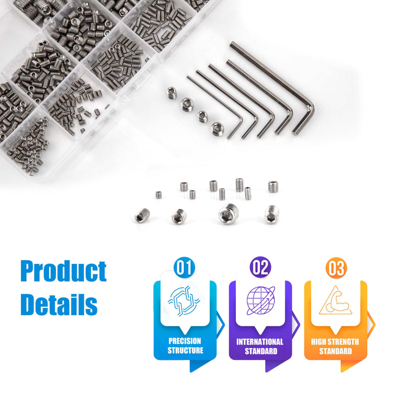 [Australia - AusPower] - 595pcs Set Screws Assortment Kit, Allen Head Grub Screws, M3 M4 M5 M6 Metric Hex Socket Head Headless Screws,Internal Hex Drive Cup-Point Screws Set, 12 Sizes, Include 5 Pcs Hex Wrenches 595 