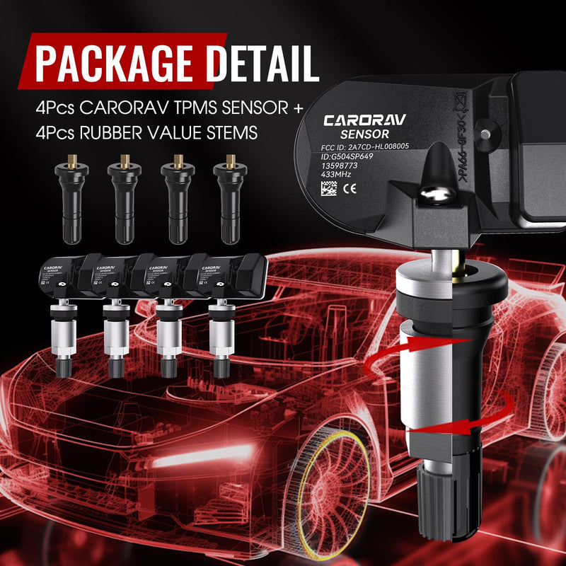 CARORAV GM Tire Pressure Monitoring System Sensor fit for Chevy Silverado Malibu GMC Cadillac Buick, 433MHz TPMS Sensor Replaces 13598773 13512347 13516165 4 Pack - 4 Replaceable Valve Stems