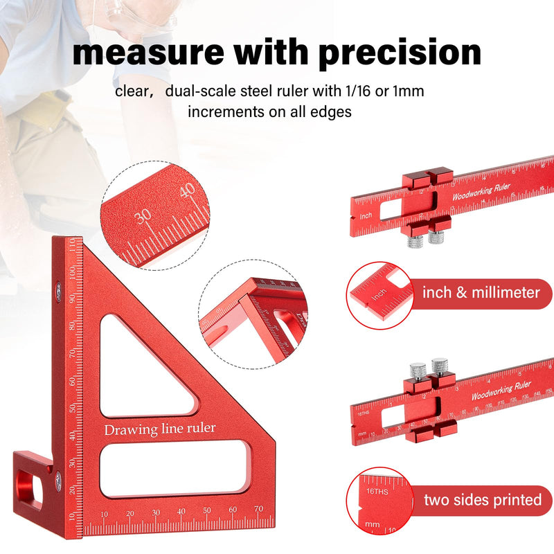 4 Pcs Woodworking Ruler, Metal Precision Pocket Rulers 12, 8, 6 Inch with 3D Multi Angle Measuring Ruler 45/90 Degree for Precision Measuring Marking Inch and Metric