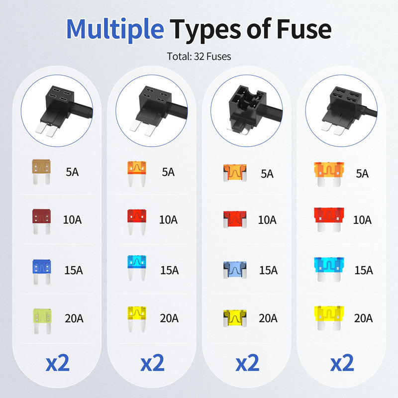 RVBOATPAT 36PCS Fuse Tap 12V 4 Types Add a Fuse Kit with 5A 10A 15A 20A Fuse Standard Low Profile Fuse Tap Adapter Mini and Micro2 for Car Truck RV Boat Mower QSACC-9PCS