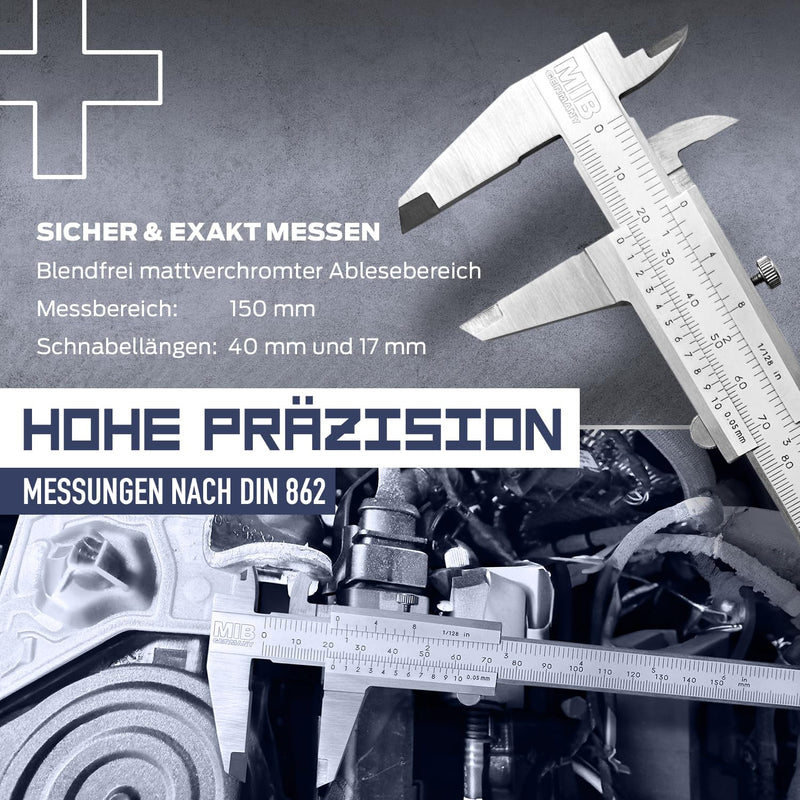 MIB Vernier Caliper Analogue 150 mm | Calliper Analogue | Vernier Caliper | DIN 862 | Thrust gauge made of stainless steel with locking screw | Matt chrome-plated | Caliper for precise 4-way DIN 862 150mm