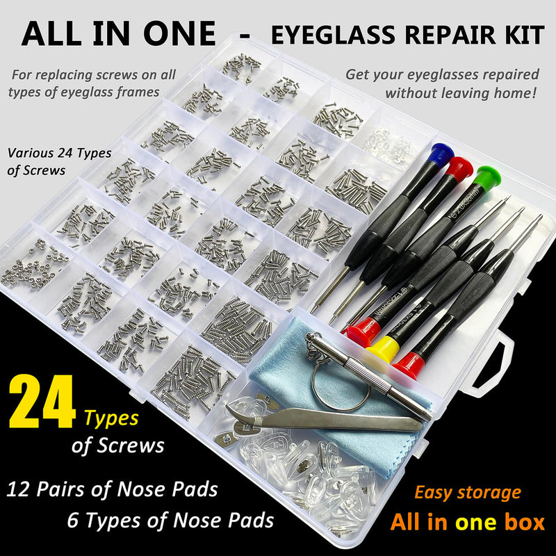 [Australia - AusPower] - Eyeglass Repair Kit, 24 Types Screws for Eyeglass, Wide Range of Frame Screws, Hinge Screws, Nose Pads Screws - Essential Eye Glasses Repairing Kit Tool 