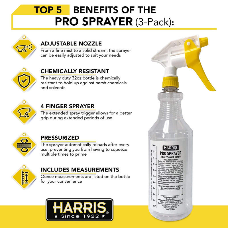 [Australia - AusPower] - HARRIS Professional Spray Bottle 32oz (3-Pack), All-Purpose for Cleaning and Plants with Clear Finish, Pressurized Sprayer, Adjustable Nozzle and Measurements 