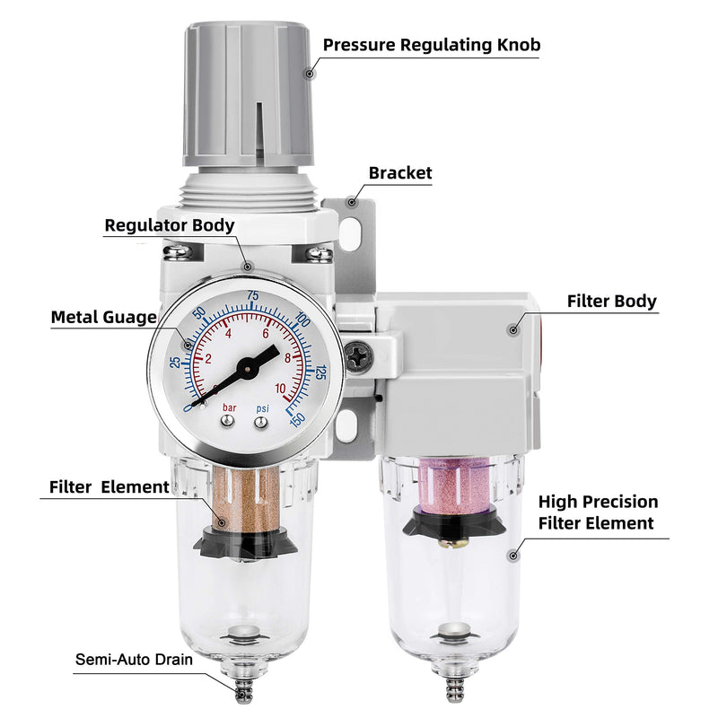 NANPU 1/4" NPT Air Dryer System - 5 Micron Particulate Filter, 0.5 Micron Coalescing Filter & Air Pressure Regulator, Water Trap Separator - Semi-Auto Drain,0-150 psi Gauge, Poly Bowl, Metal Bracket