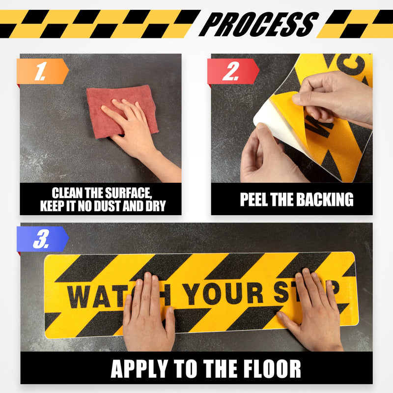 Anley 24 X 6 Inch Watch Your Step Floor Decal Stickers - Anti-Slip Abrasive Surface & Premium Self-Adhesive Backing - Enhance Safety and Prevent Accident Caution Sign for Workplace Safety (Pack of 6)