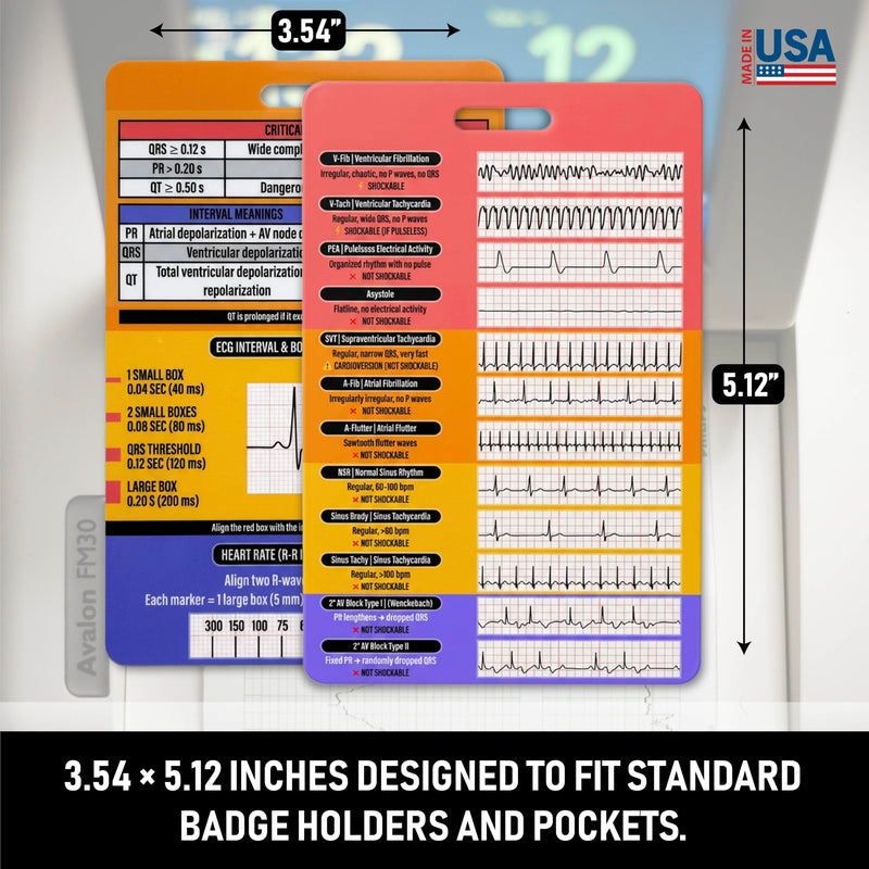EKG Rhythm Interpretation Badge Card - Rhythm Strips & Shockable Guide | Dual Sided Interval Values & R to R Rate Scale for Nursing Telemetry Students | Included Lanyard Badge Holder | 3.54” x 5.12”