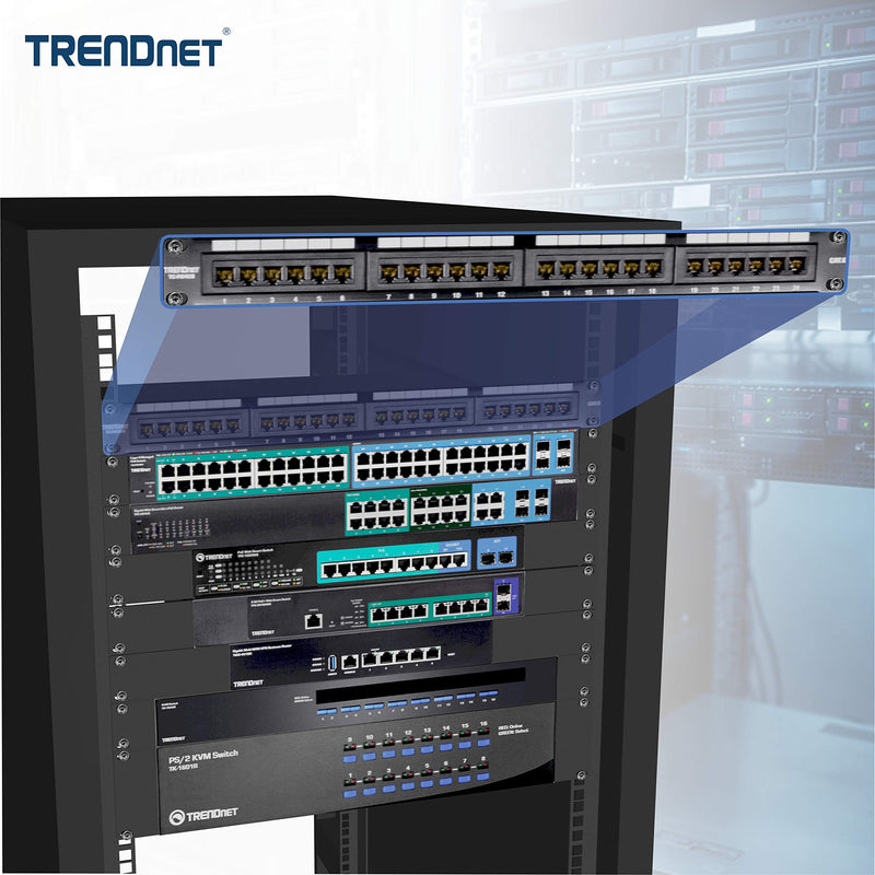 [Australia - AusPower] - TRENDnet 24-Port Cat6 Unshielded Patch Panel, Wallmount or Rackmount, Compatible with Cat3,4,5,5e,6 Cabling, For Ethernet, Fast Ethernet, Gigabit Applications, Black, TC-P24C6 24 Port Patch Panel 