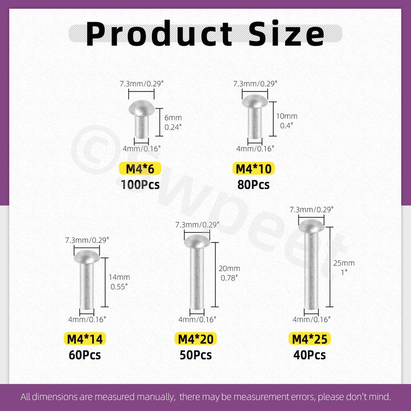 [Australia - AusPower] - Swpeet 330Pcs M4 × 6mm 10mm 14mm 20mm 25mm Solid Aluminum Brazier Head Rivets, Aluminum Rivet, Plain Finish, Universal Head, High Corrosion Resistance for Repairing Boats, Aircraft, Making Armor 