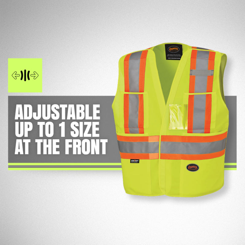 Pioneer Hi Vis Tear-Away Safety Vest for Men and Women - Reflective Tape ANSI Class 2, 4 Pockets, Adjustable Front XX-Large-3X-Large Yellow/Green