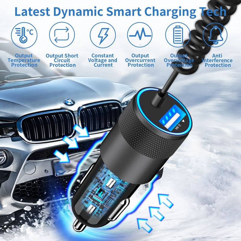 [Australia - AusPower] - 【MFi Certified】iPhone Car Charger Fast Charging, Braveridge 4.8A Dual USB Power Cigarette Lighter Car Charger Adapter with 6FT Lightning Coiled Cable for iPhone 14 13 12 11 Pro/XS/Mini/XR/SE/X/8/iPad Black---Built-in Coiled Cable 