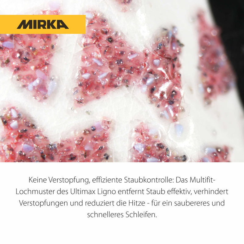 Mirka Ultimax Ligno Ø 150mm Sanding Discs Hook and Loop Multifit / Grit 60 / 50 Pieces / Multi-punched / for sanding wood surfaces | Multi-punched for efficient dust extraction, durable, ideal for sanding wood surfaces, grit 60, pack of 50