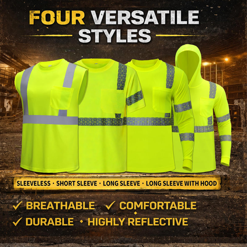 High Visibility Reflective Safety Sleeveless T-Shirt with Pocket, Quick Dry, ANSI Wicking Polyester Birdseye, 3PCS, Yellow, L Large Yellow-sleeveless-3pcs