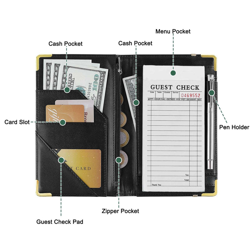 [Australia - AusPower] - Server Books for Waitress, PU Leather Server Book with Zipper Pockets, Flower Pattern Waitress Book with Pen Holder Fit Server Apron Check Presenters for Restaurants Green 