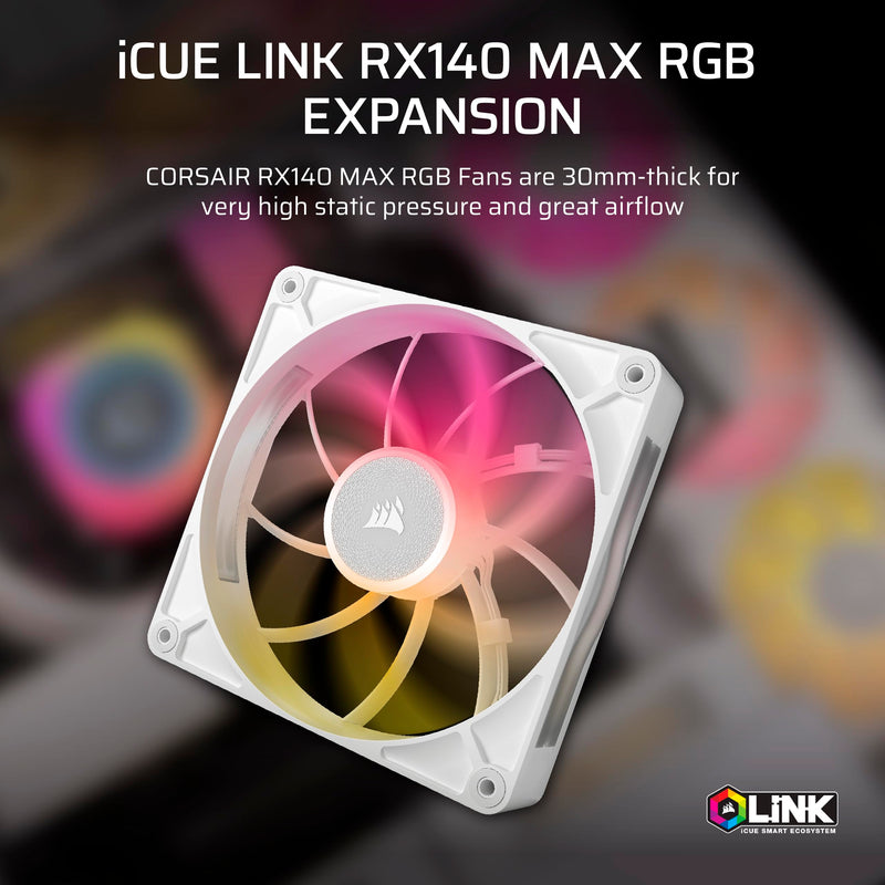 CORSAIR iCUE Link RX140 MAX RGB 140mm PWM Thick Fan – High-Static Pressure – Magnetic Dome Bearing – Single Fan – White 1 x 140mm