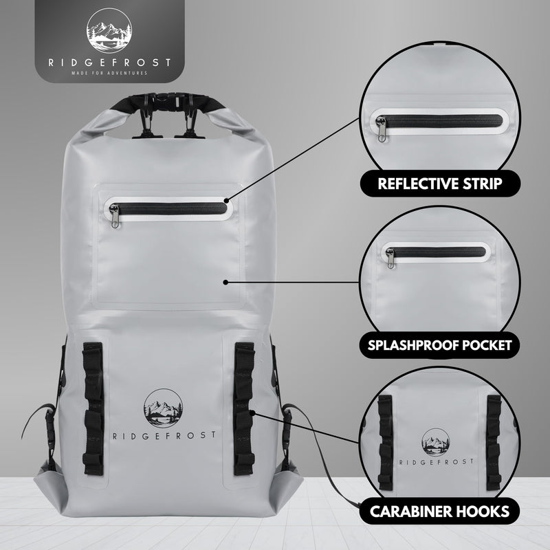 Ridgefrost 20L Dry Bag | Waterproof w/2 Compartments | Dry Bag for Beach & More | Lightweight Roll-Top & Roll-Bottom backpack Light Grey