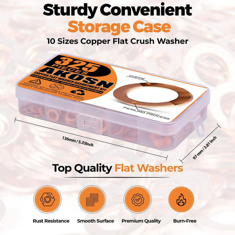 [Australia - AusPower] - 325 PCS, 10 Sizes, Premium Copper Metric Sealing Crush Washers Assortment Kit, Upgraded Flat Ring Oil Drain Plug Crush Washer Gasket Seal Assortment Set, Banjo Bolt Washer for Automotive, Motorcycles 