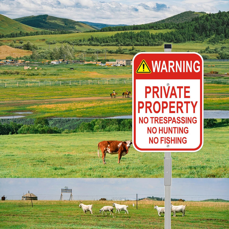2 Pack Private Property No Trespassing Signs with 36" Metal Stakes, 10x14 Inches, Reflective Aluminum, No Hunting No Fishing Signs 2 Pack-10"x14" with 36" Stakes