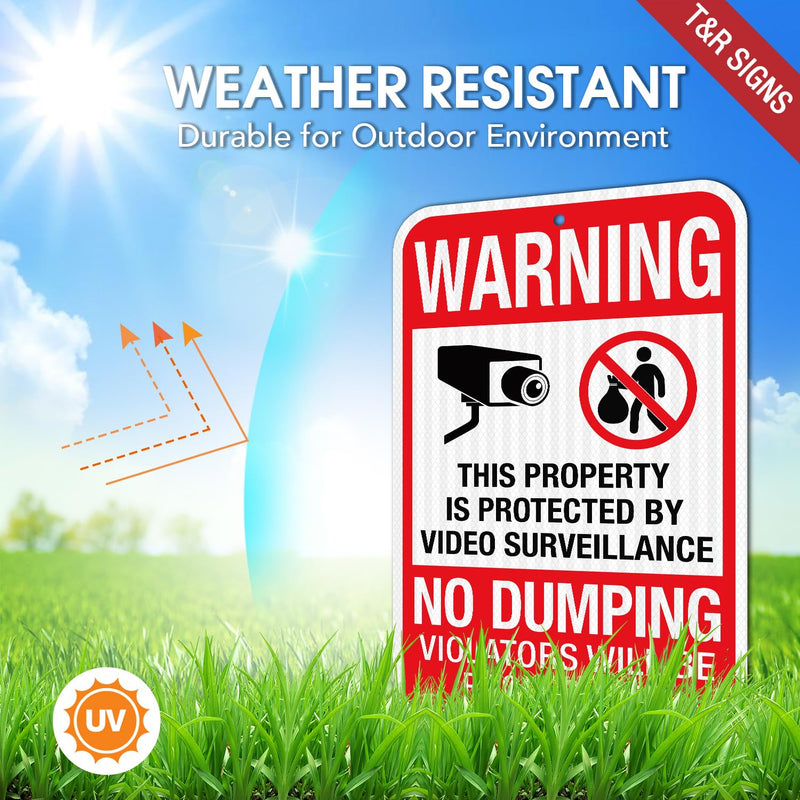 T&R (2 pack) No Dumping, Property Protected By Video Surveillance Sign, 18"x12" Engineer Grade Reflective Sheeting, Rust Free Aluminum, Weather Resistant, Fade Resistant, 2 Pre-drilled Holes Red - 2 Pack