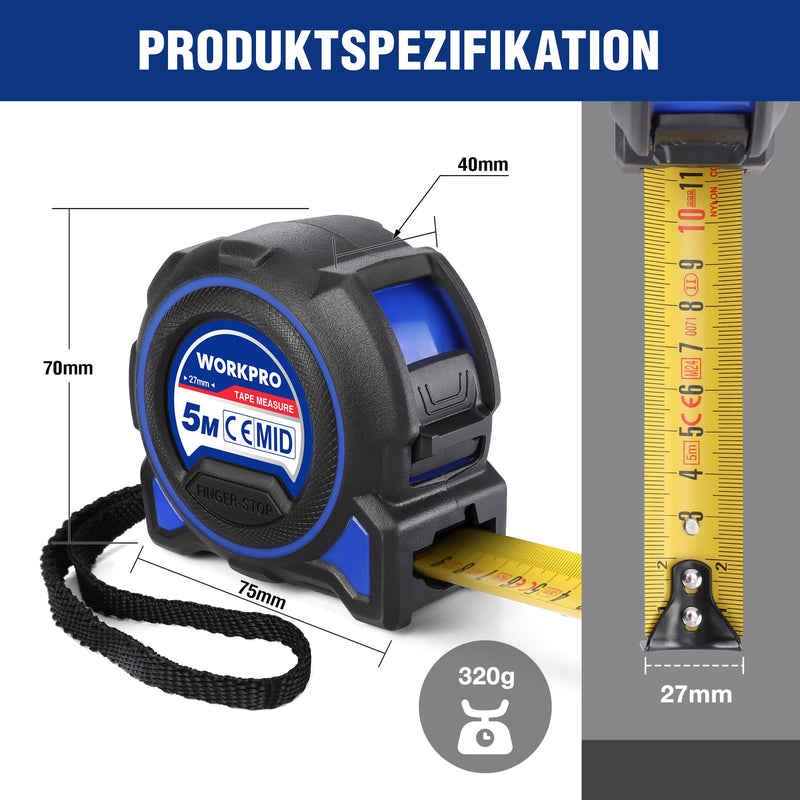 [Australia - AusPower] - WORKPRO Tape Measure 5 m, Professional Meter Measure, High Precision Tape Measure with Magnetic Hook, Wide Band with Belt Clip, Metric Dimensions with Drop Protection Case, for Measurements and Home 