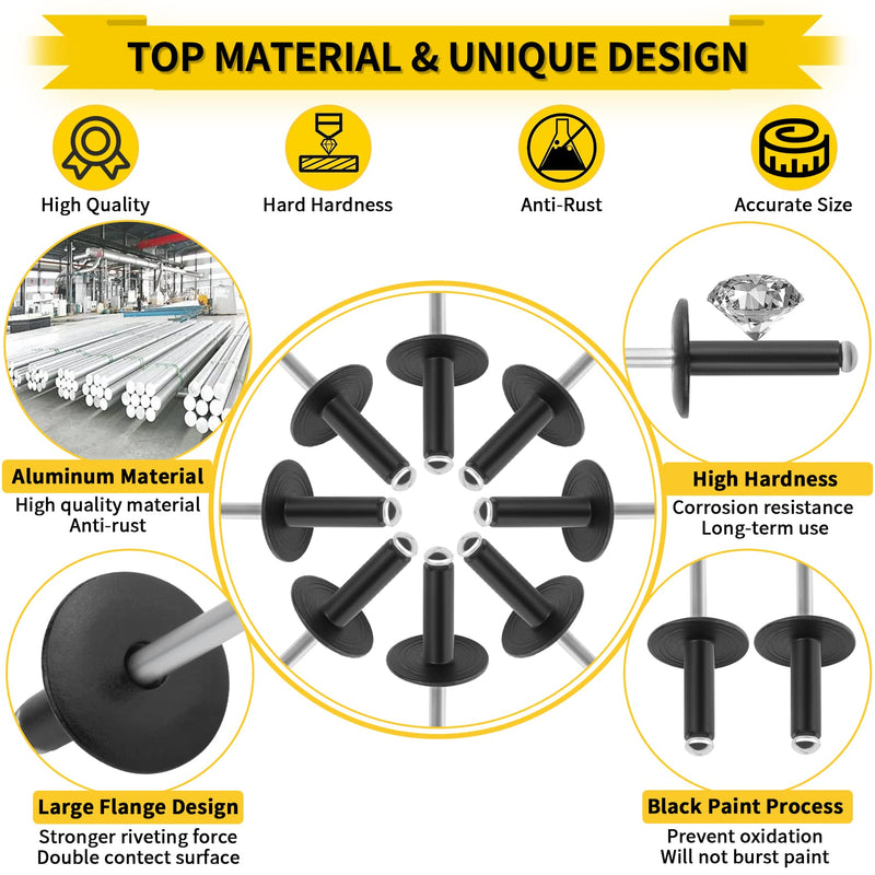 [Australia - AusPower] - Rivets, 250PCS Aluminum Large Flange Blind Rivets, 11 Sizes Pop Rivets Assortment Kit Flange Diameter - 3/8" 1/2" 5/8" Baking Finish Rivets for Airplanes, Ships, Rails and DIY(Black) 250 Pieces Black 