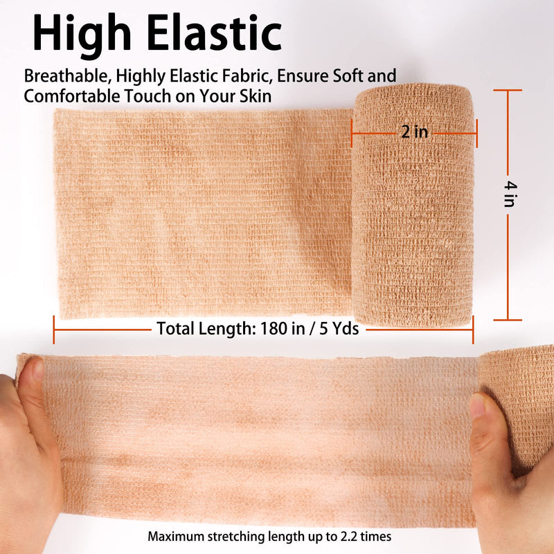 24 Pack Self Adherent Cohesive Bandage Wrap, 4” x 5 Yards Stretch Non Woven Self Adhesive Tape - Skin Colour Athletic Elastic Bandage for First Aid Medical, Sports, Ankle, Wrist Sprains Brown 4 Inch