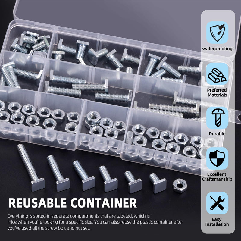 [Australia - AusPower] - Glarks 90pcs M6 x 10/12/16/20/25/35MM Square Head Bolt Kit, Zinc Plated Fully Thread Carbon Steel Grade 4.8 Square Machine Screws Bolt with Hex Nut for Machinery Electrical Connections Construction 