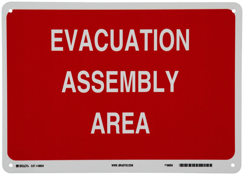Brady 95504 14" Width x 10" Height B-555 Aluminum, White on Red Fire Sign, Legend "Evacuation Assembly Area" Aluminum (B-555) 10" H x 14" W