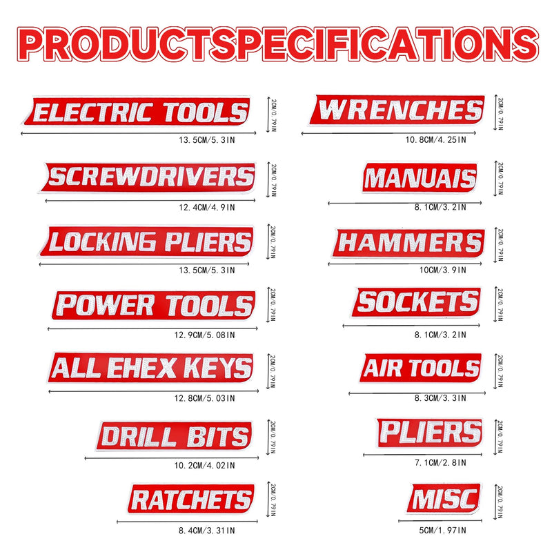 14 Pack of Magnetic Tool Box Labels – Reusable 3D Toolbox Labels Magnetic for Tool Organisation, Tool Box Magnetic Labels for Trolleys, Toolboxes and Drawer Cabinets (Red) Red 14pcs