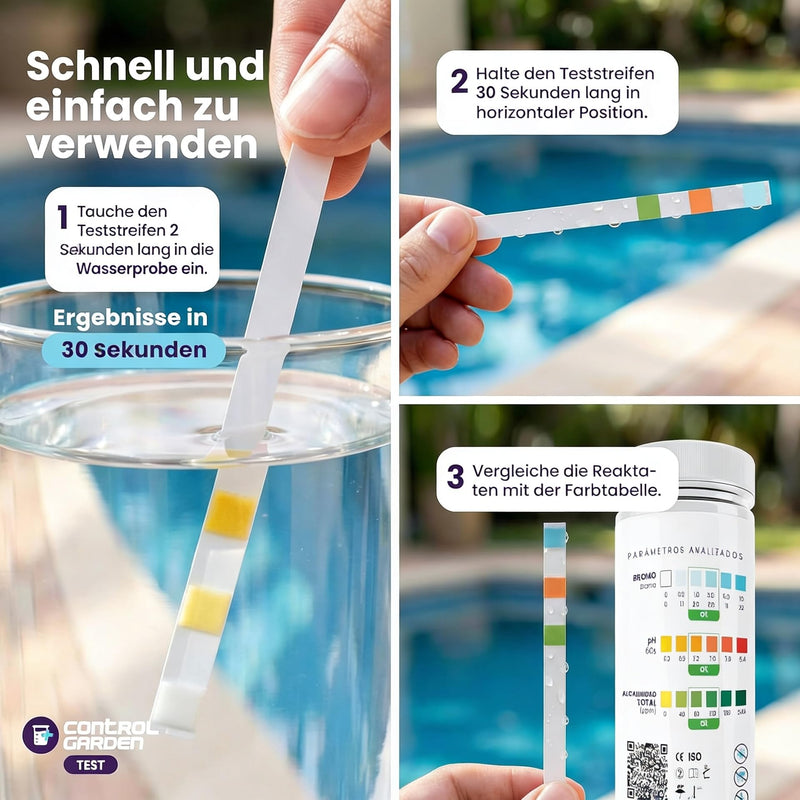 GARDEN Control 160 pH Test Strips, 3-in-1 Test, Pool and Spa Test, pH Meter, Prank and Alkalinity Test for Bath, Quick Analysis in 30 Seconds, Precise Control